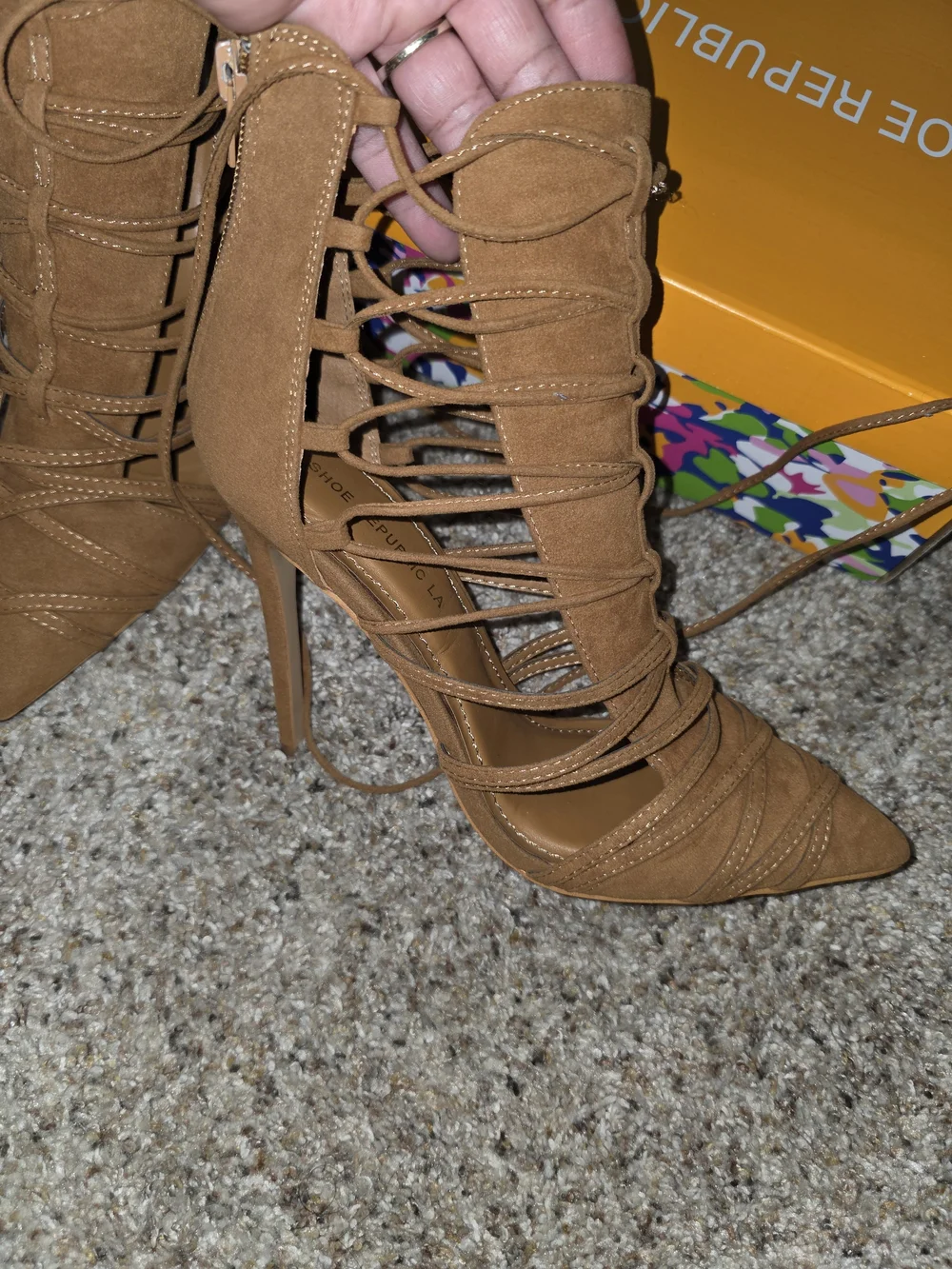 Shoe Republic LA Women's Tan Lace-Up Pointed Toe Heels
